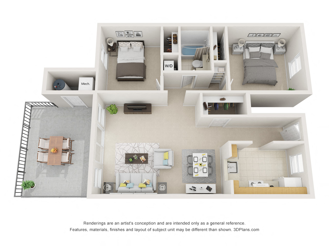 Floor plan for 2 beds, 1 bath, 930 sqft